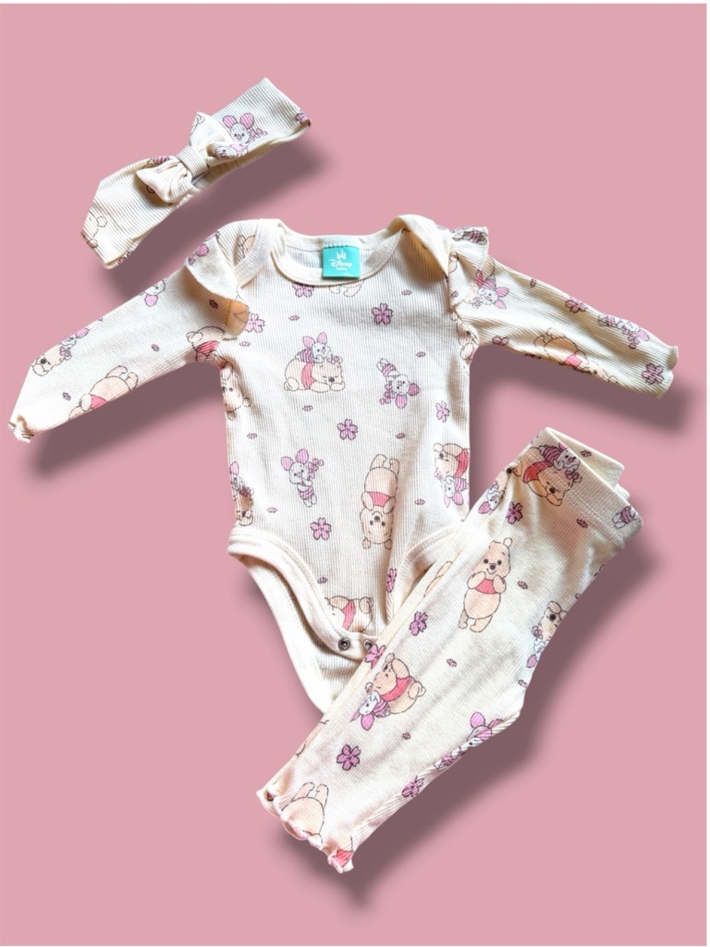 Disney Pink & Cream Winnie the Pooh Long-Sleeve Bodysuit Set with Headband